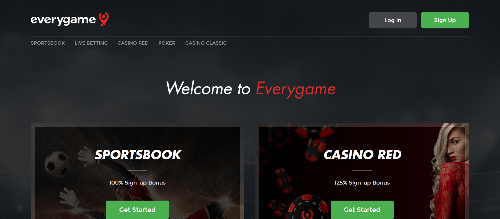 Homepage of Everygame sportsbook displaying balanced sports coverage and flexible banking