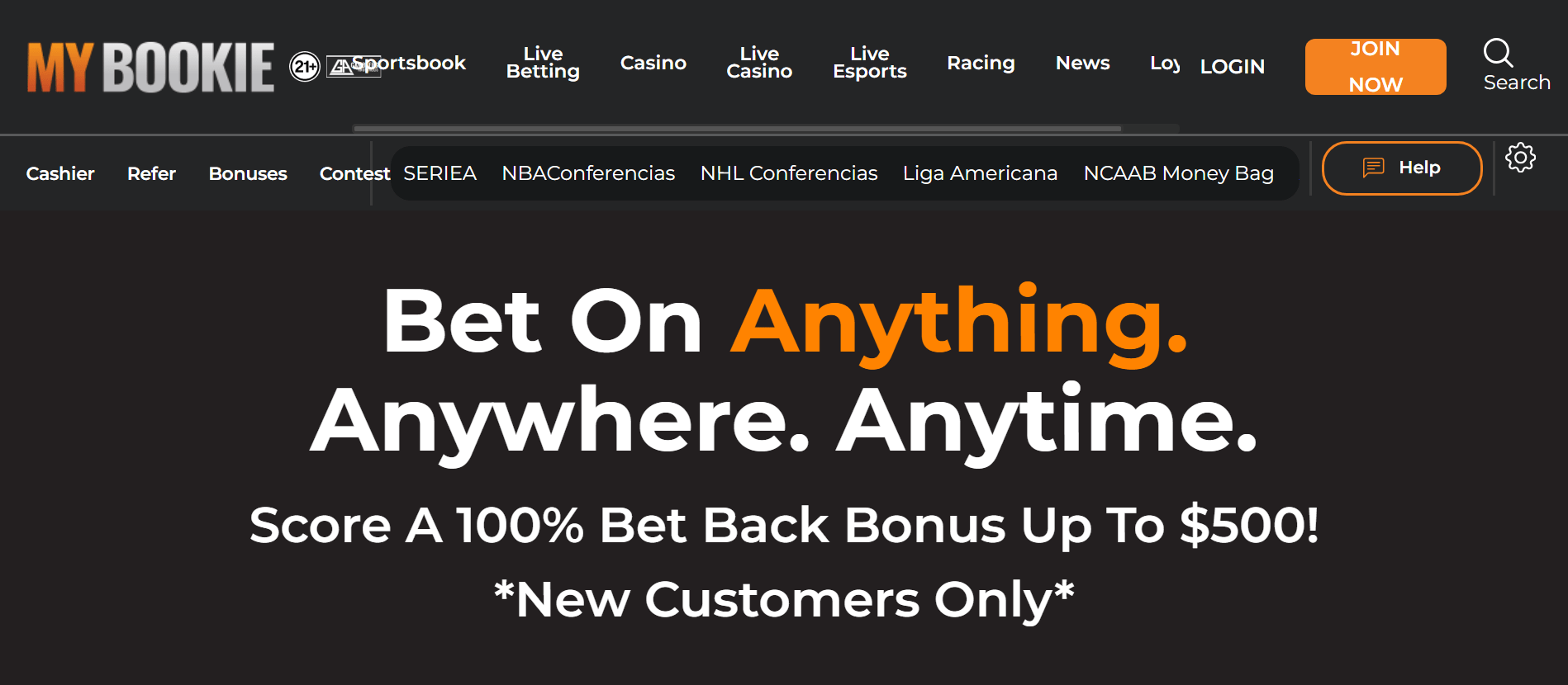 Homepage of MyBookie sportsbook featuring rich prop markets and frequent promotions